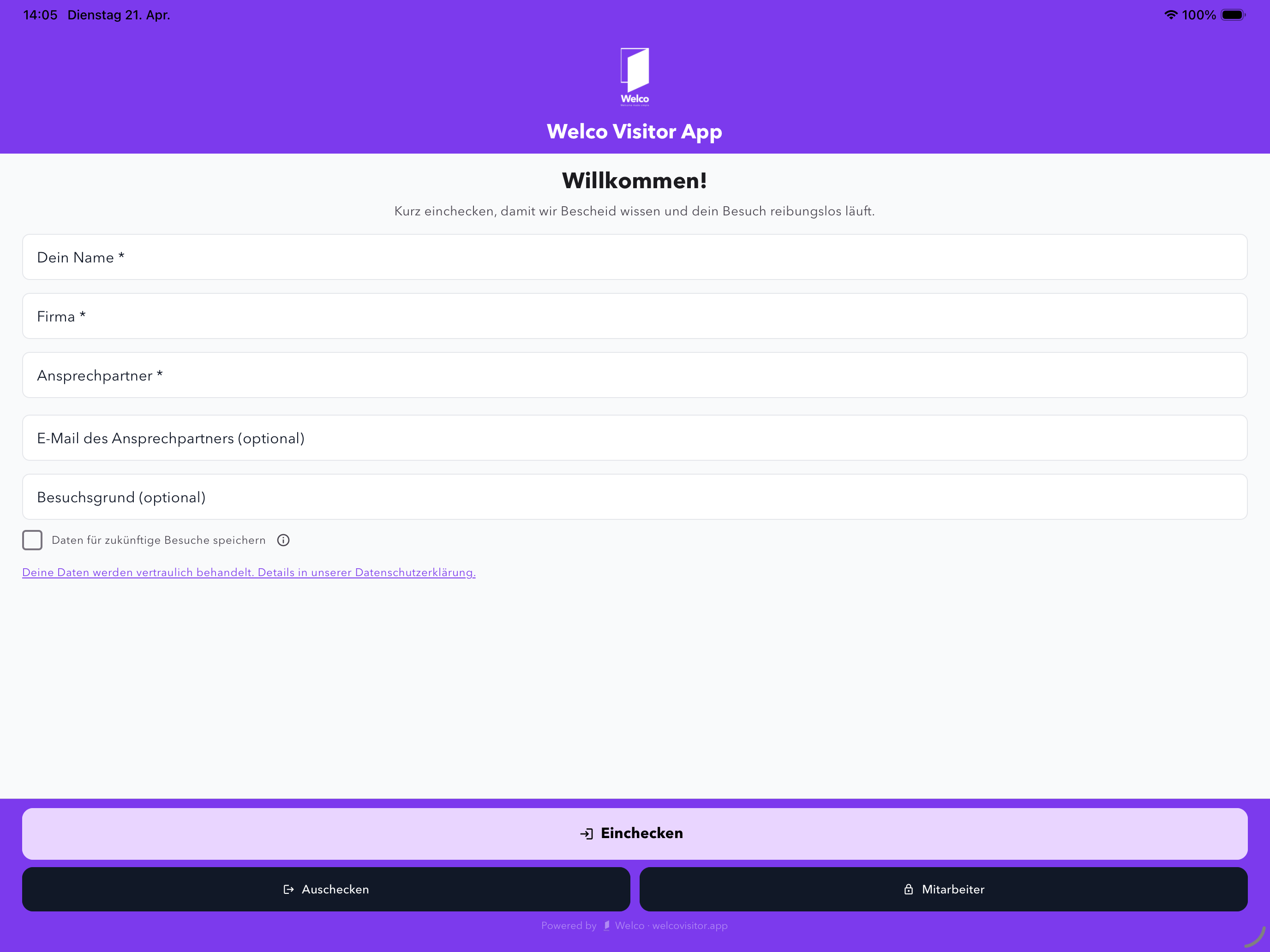 Welco Check-in Screen
